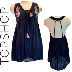 Topshop black embroidered halter top sz M